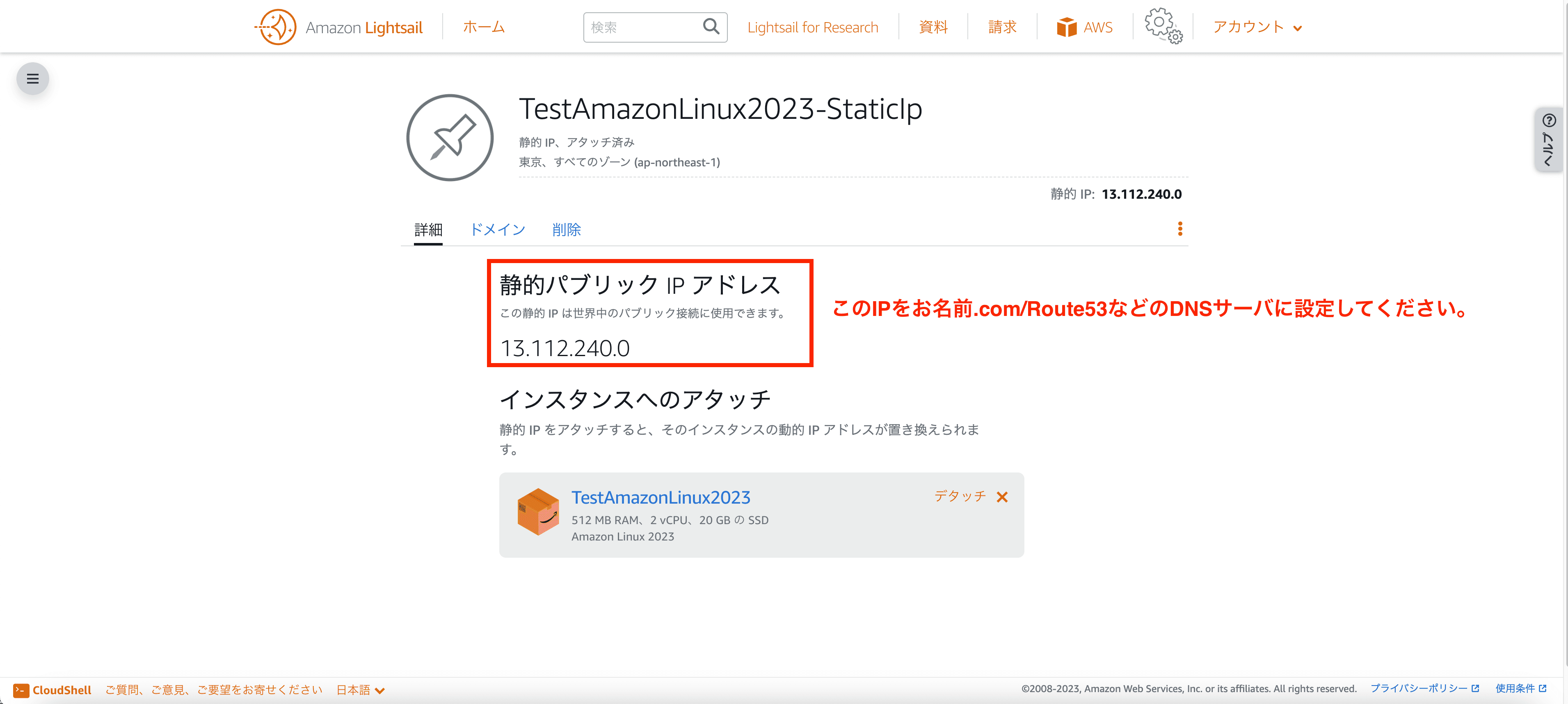 静的パブリックIPが表示される