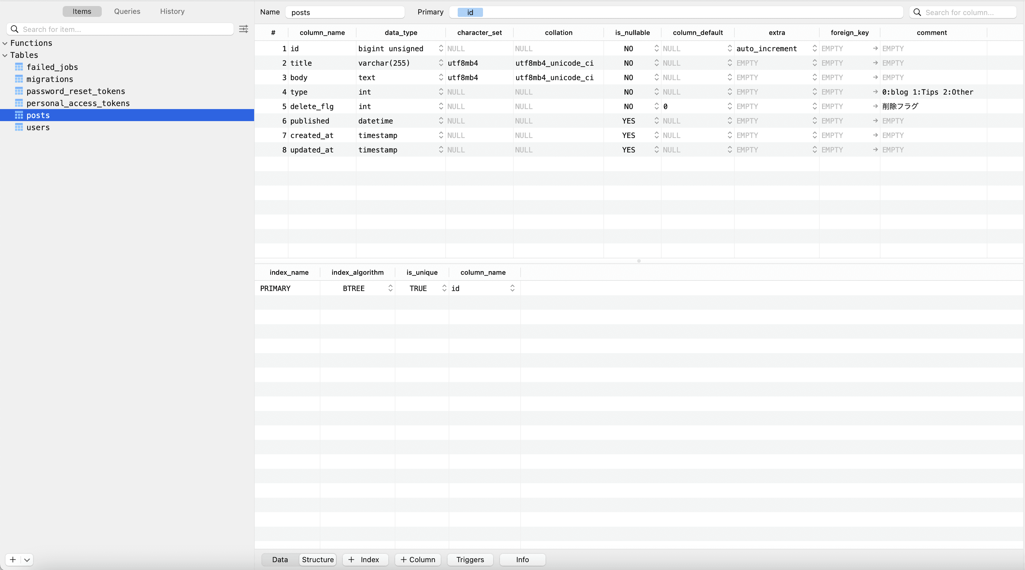 実際にできていることをTablePlus(MySQL接続アプリ)から確認。