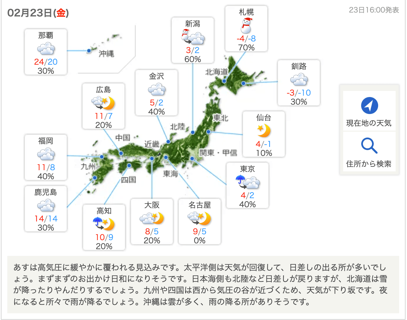 記事作成当日の2024年2月23日の天気